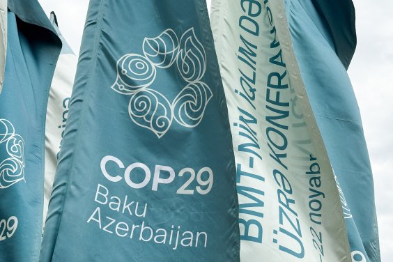 Flagge mit dem Logo der COP29 in Baku, Aserbaidschan.